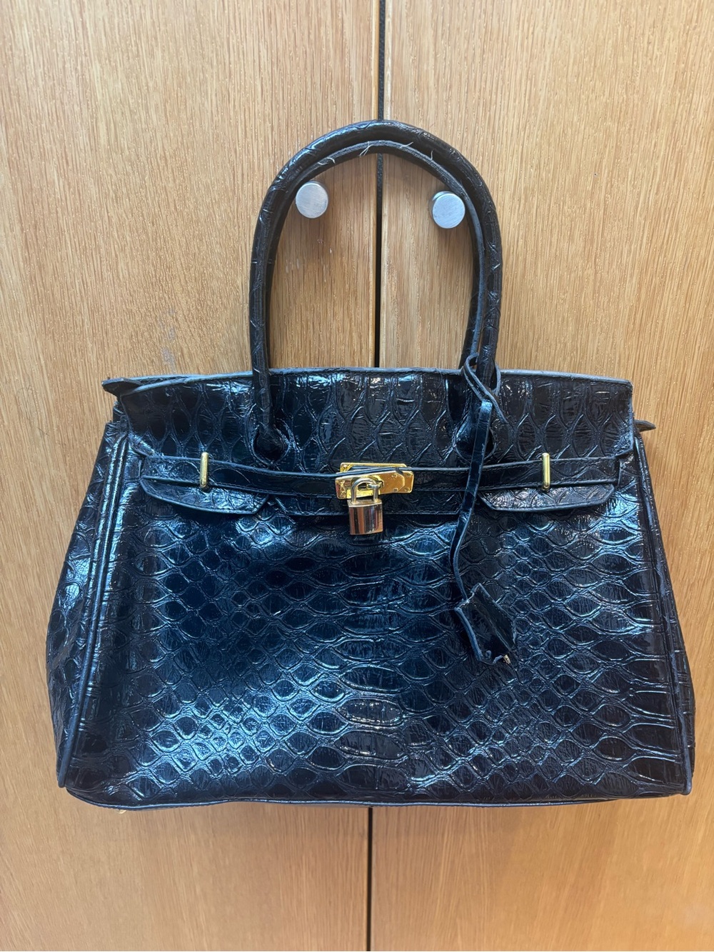 Classic Firkin Black faux Croc-Embossed Tote with Gold Hardware